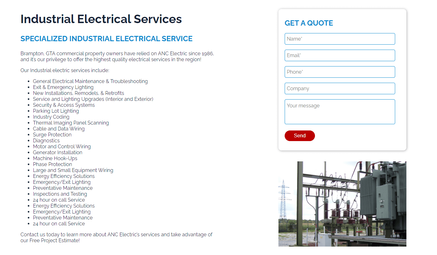 Screenshot of ANC Electric website industrial page