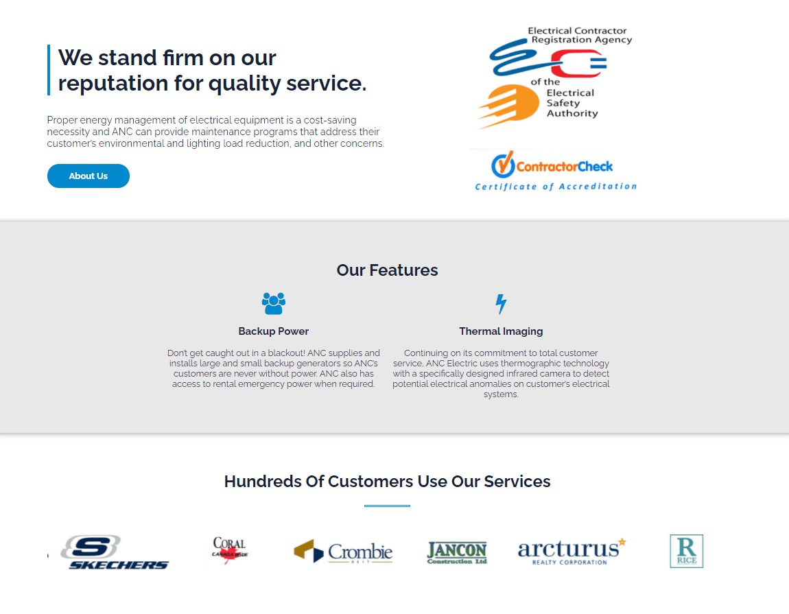 Screenshot of ANC Electric website home page main content