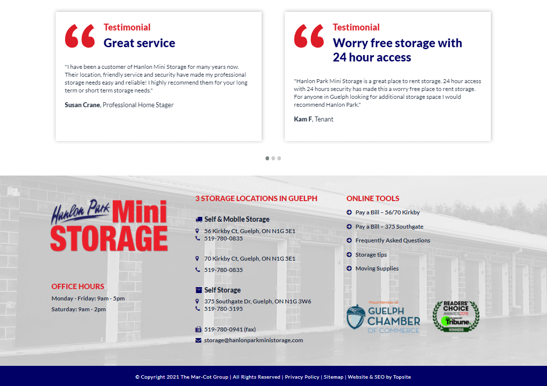 Screenshot of Hanlon Park Storage website footer