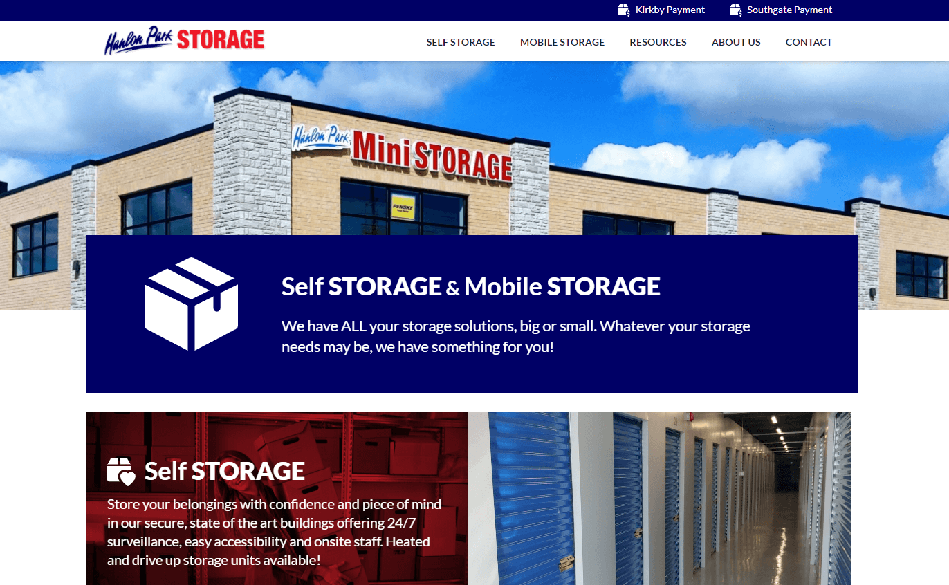 Screenshot of Hanlon Park Storage website home page