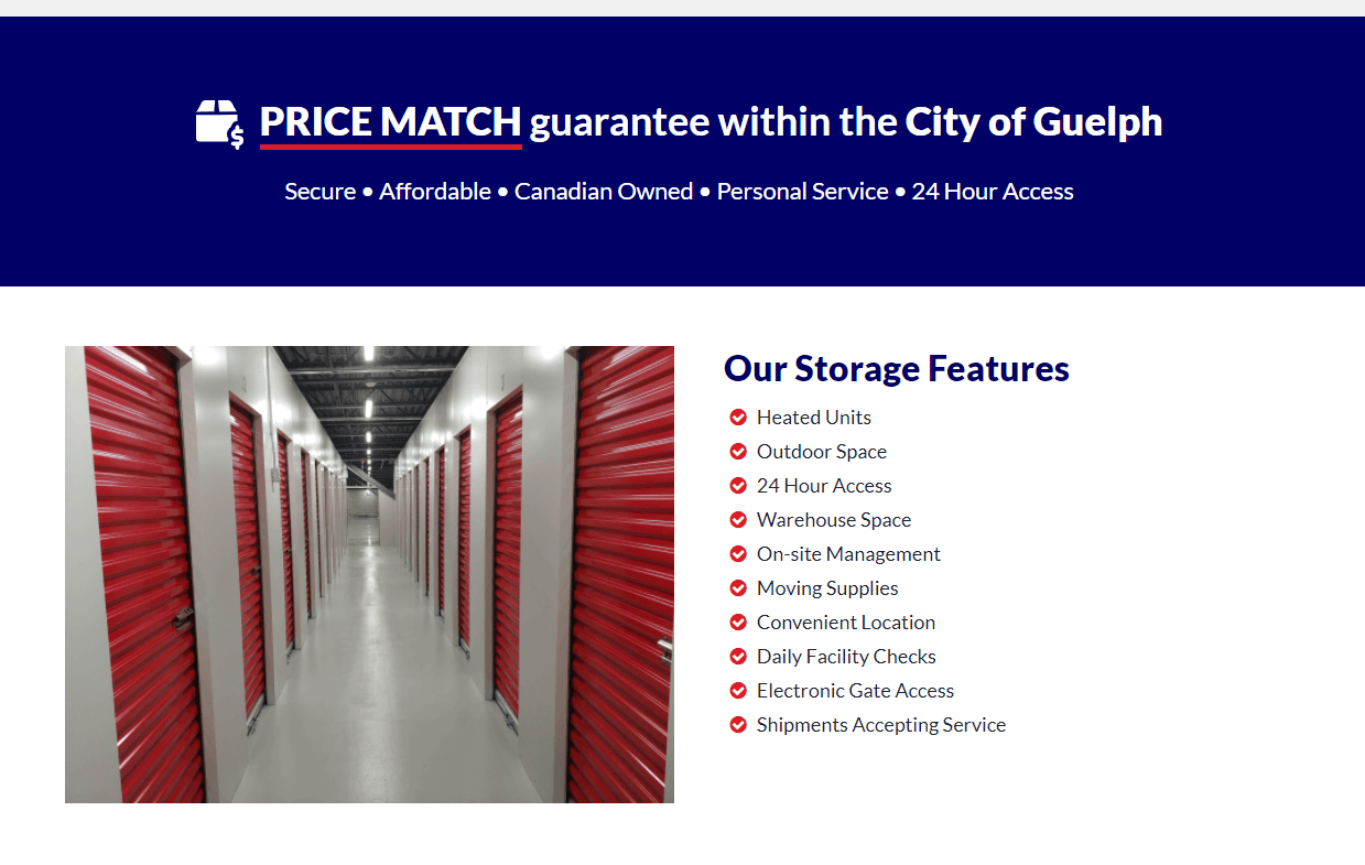 Screenshot of Hanlon Park Storage website pricematch page