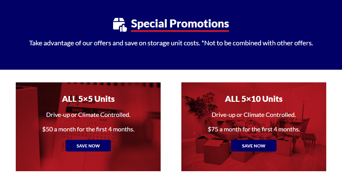 Screenshot of Hanlon Park Storage website promotions page