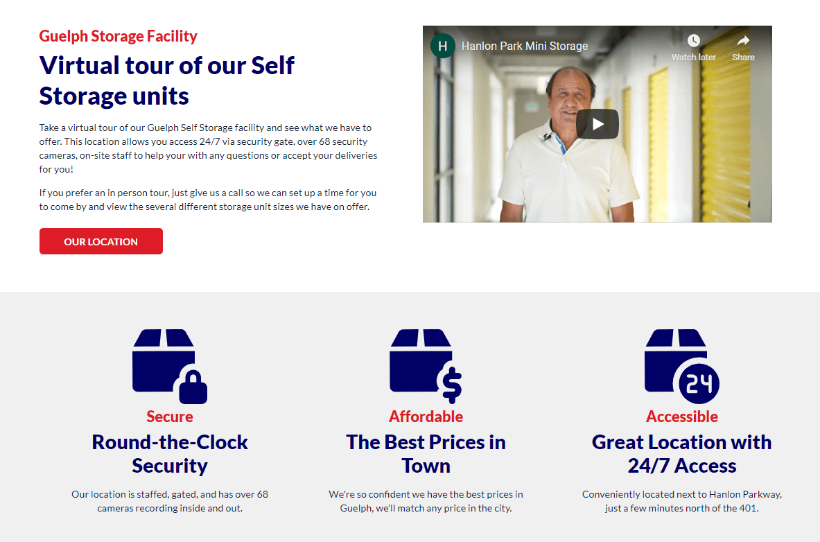 Screenshot of Hanlon Park Storage website tour section