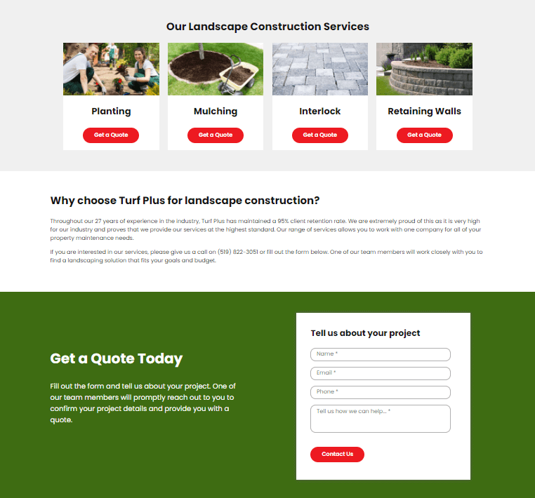 Screenshot of Turf Plus website landscaping page