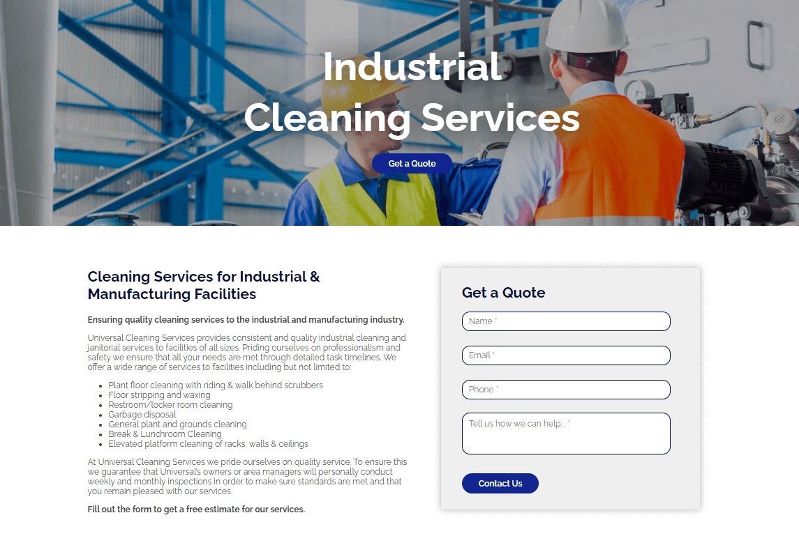 Screenshot of Universal Cleaning website industrial cleaning page