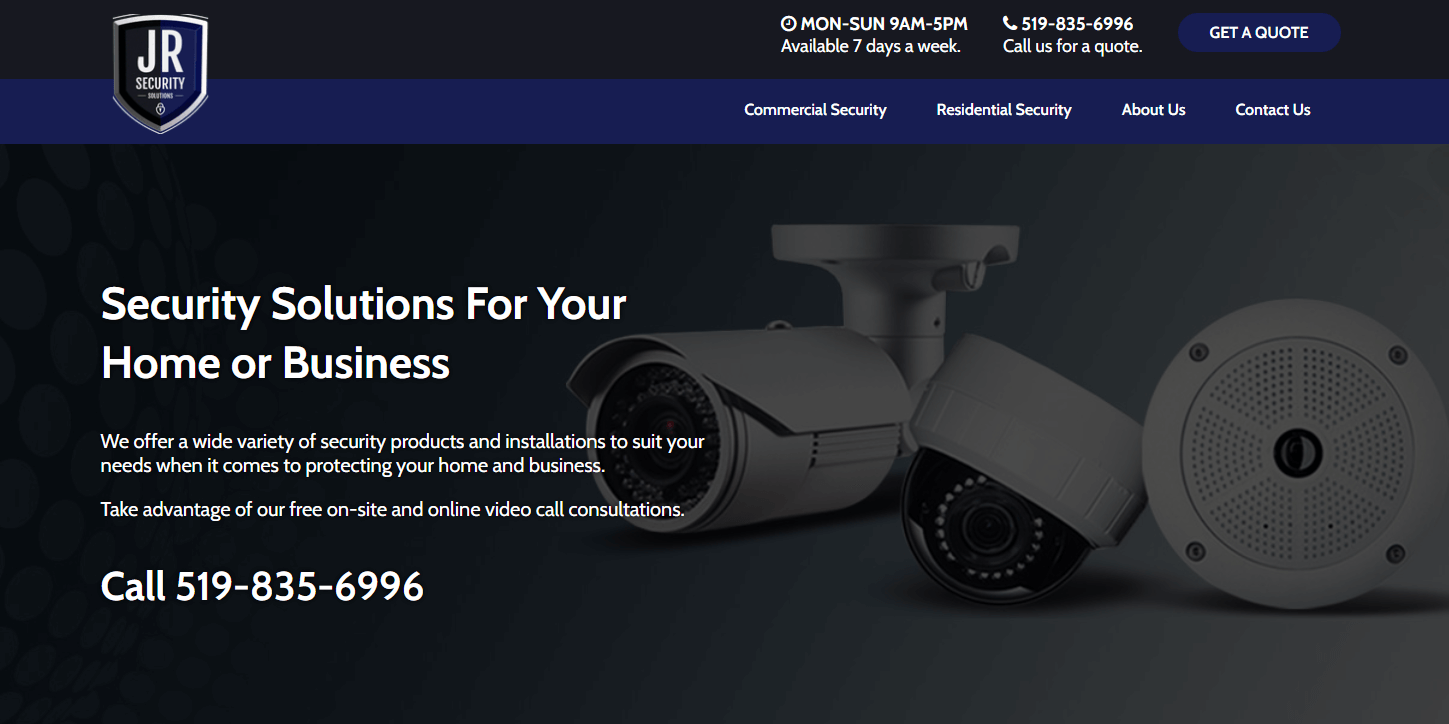 Screenshot of JR Security website home page