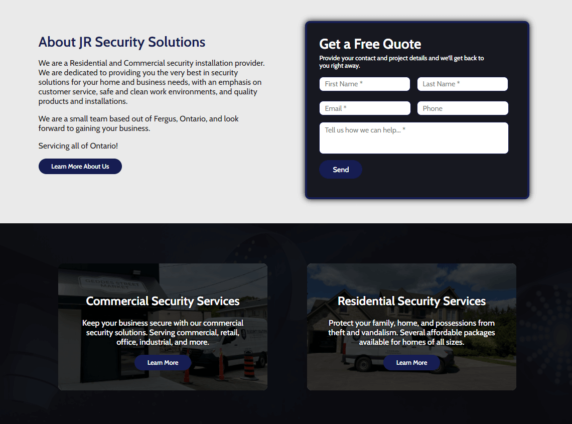Screenshot of JR Security website home page