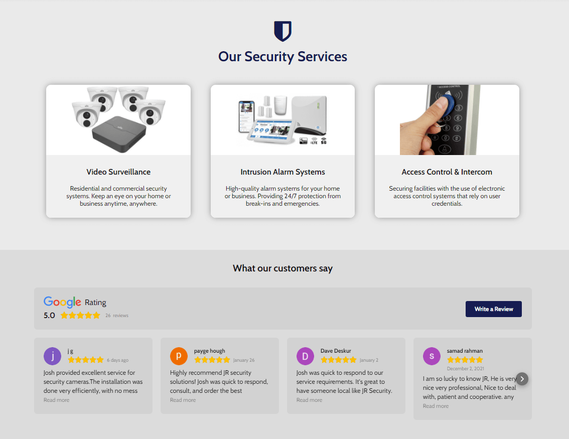 Screenshot of JR Security website home page