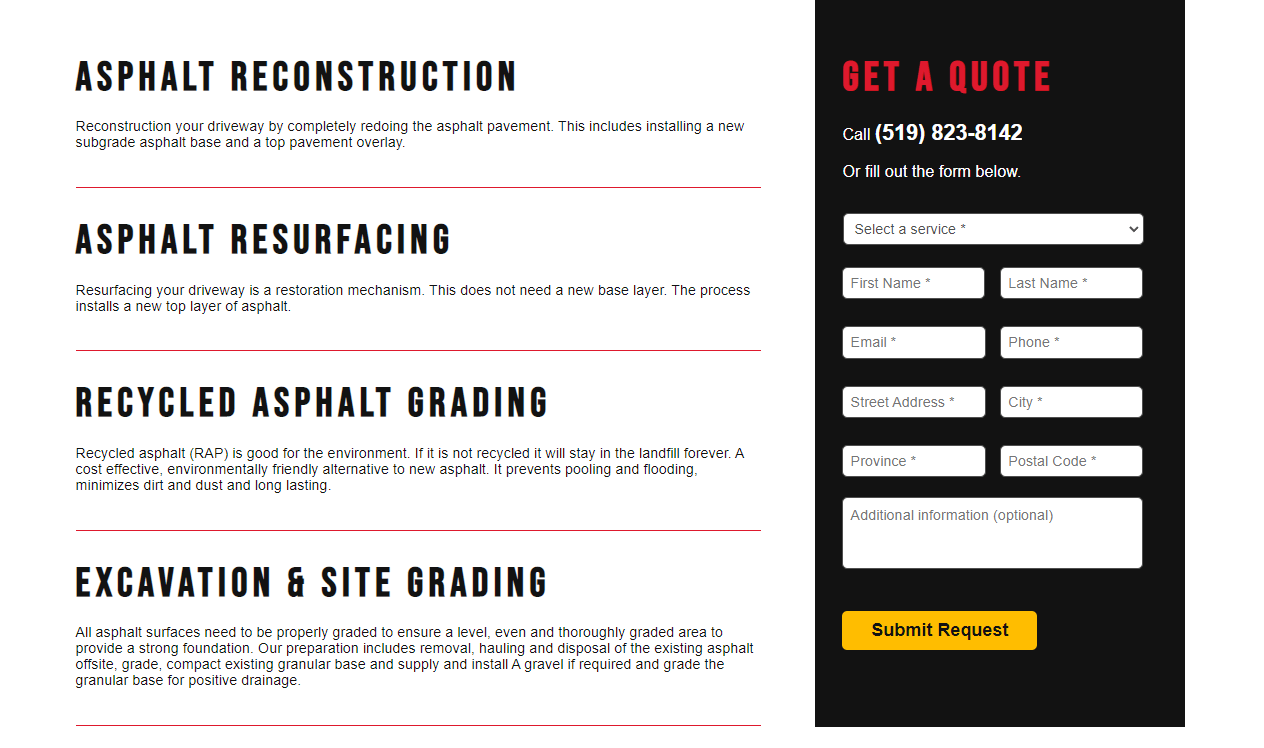 Screenshot of Guelph Paving website services page