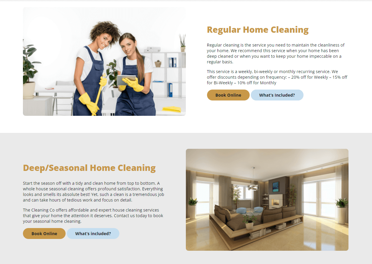 Screenshot of The Cleaning Co website services page