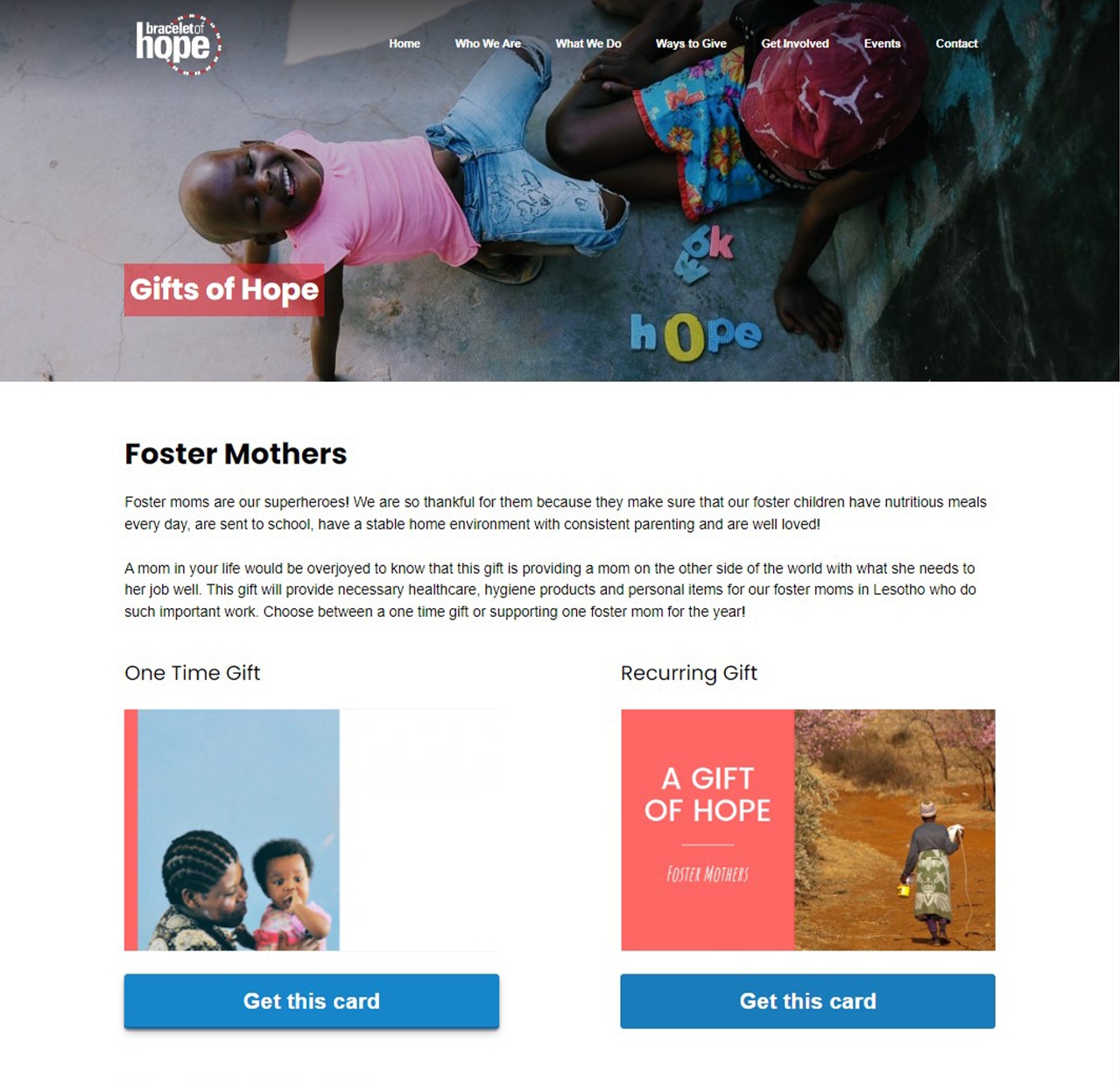 Screenshot of Bracelet of Hope website donations page