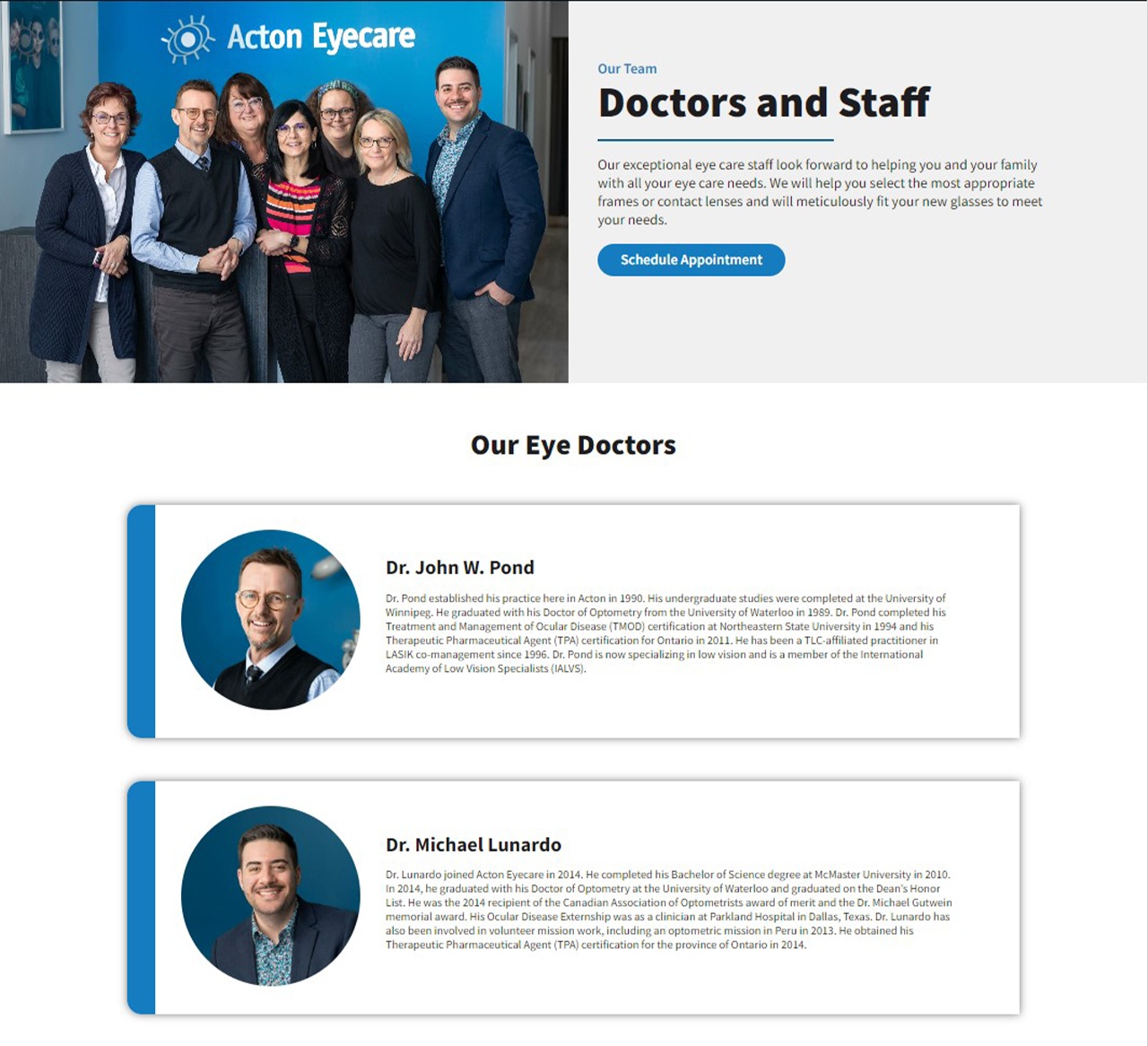 Screenshot of Acton Eye Care team Page